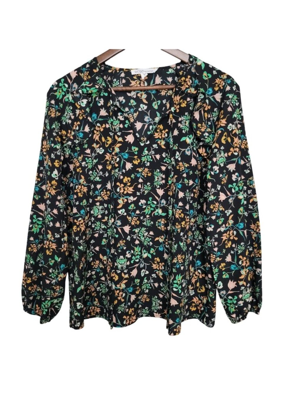 BCBG Generation Floral Print Blouse Womens Size S Ruffle V-Neck Tie Flowy